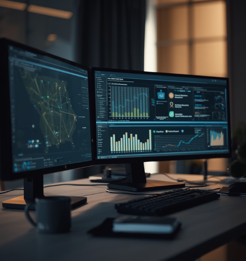 a workspace with multiple monitors displaying network diagrams, asset inventories, and control matrices.