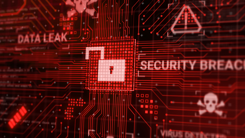 An open lock surrounded by digital imagery symbolizing a cyber attack 