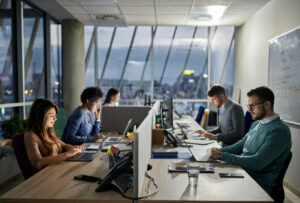 Group of business people working on computers in an office.